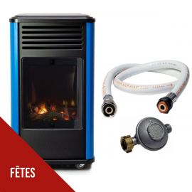 Chauffage à gaz 3,4KW Manhattan Bleu Effet feu + Tuyau gaz + Détendeur Sahara