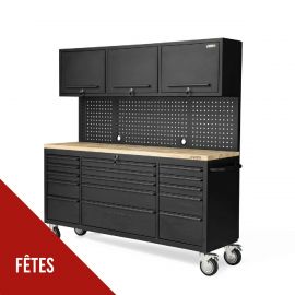 Établi d'atelier sur roues - Armoire de garage mobile 182 x 51 x 186 cm - 15 tiroirs à frein 3 portes Plan de travail bois VITO