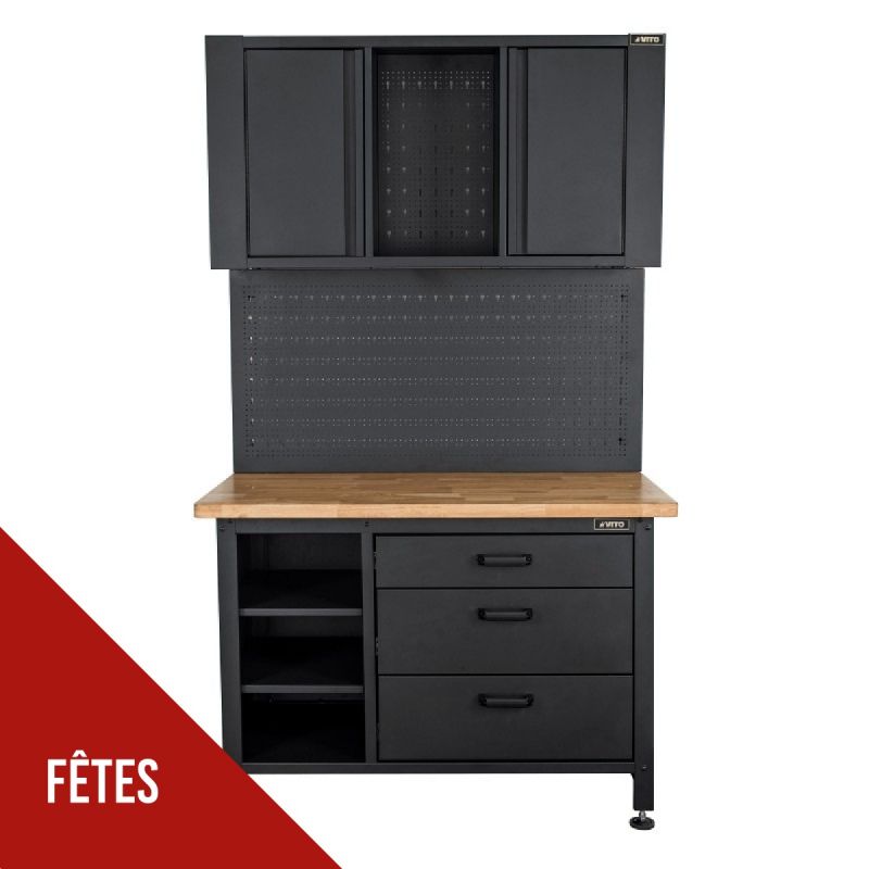 Etabli d'Atelier 120 x 60 x H180 cm Armoire de Rangement - Plan de travail Bois 3 tiroirs Charge 500kg VITO