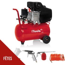 Compresseur d'air 24L 8 bar 2CV 115 PSI Silencieux 1.5KW + Kit 5 accessoires air comprimé ITOOLS