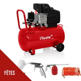 Compresseur d'air 50L 8 bar 2CV 115 PSI Silencieux 1.5KW + Kit 5 accessoires air comprimé ITOOLS
