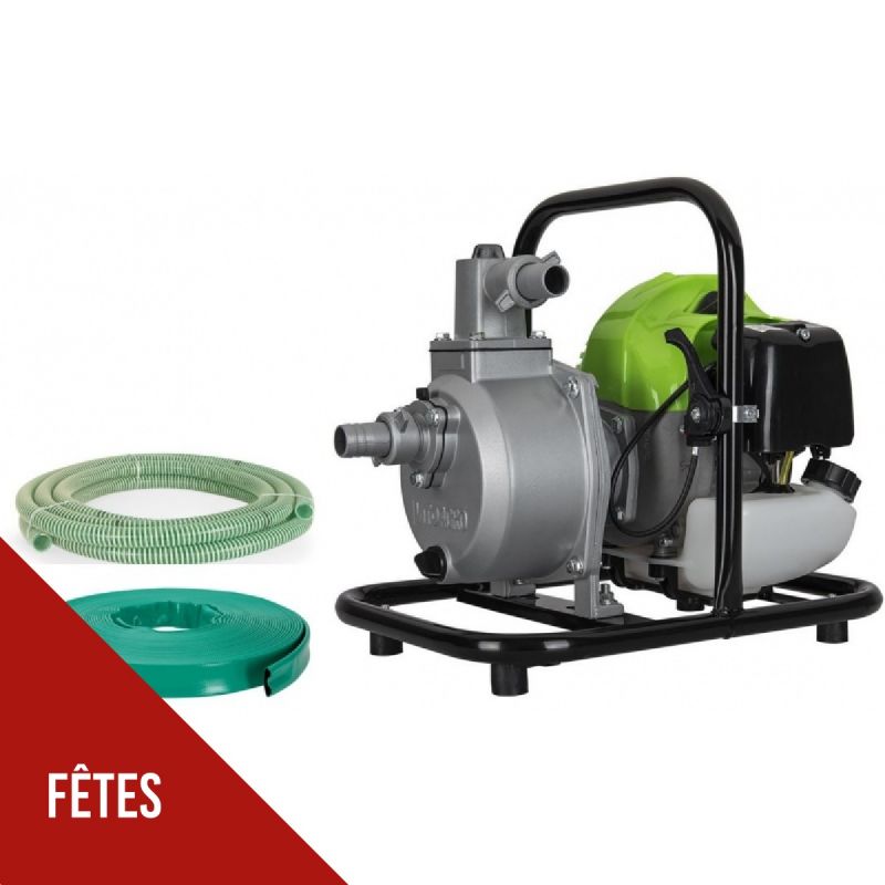 Motopompe thermique 43 cm3 2T 1.5CV + Tuyaux d'aspiration et d'évacuation 2 x 10m Vide caves Piscines VITO