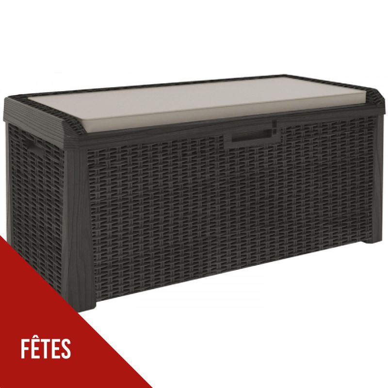Coffre de jardin 560L Effet rotin avec Coussin Santorini TOOMAX L147xP72xH65 cm résine Résiste au gel, intempéries et UV
