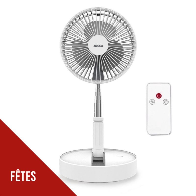 Ventilateur Silencieux Sans fil à Batterie Rechargeable 3.7V BLANC Pied pliable & Télescopique Télécommande Autonomie 24h Jocca