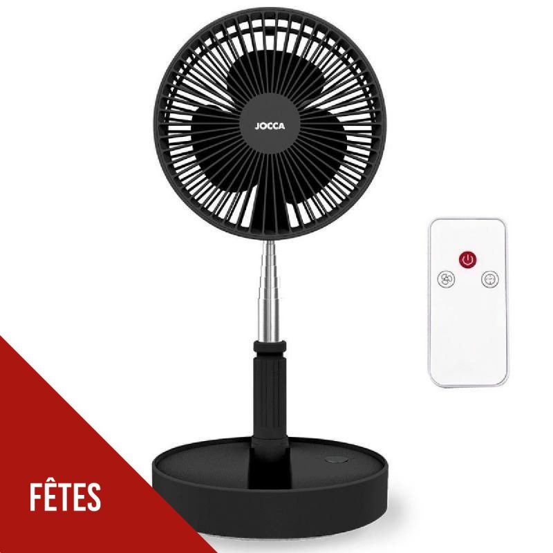 Ventilateur Silencieux Sans fil à Batterie Rechargeable 3.7V NOIR Pied pliable & Télescopique Télécommande Autonomie 24h Jocca