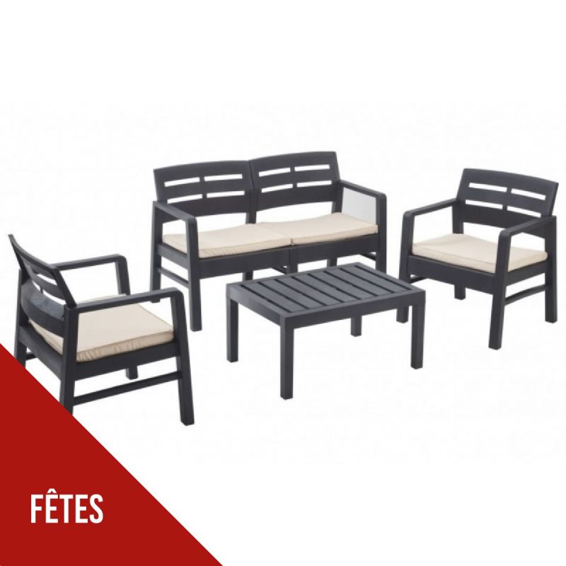 Salon de jardin 4 pièces Anthracite Canapé 2 places + 2 fauteuils + Table basse + 3 Coussins écru KZ GARDEN