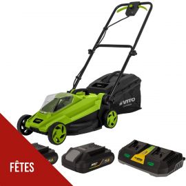 Tondeuse à Gazon sans fil 20V + 2 Batteries lithium 3.0Ah + Chargeur double Pelouses jusqu'à 300m2 - Bac 30L VITO