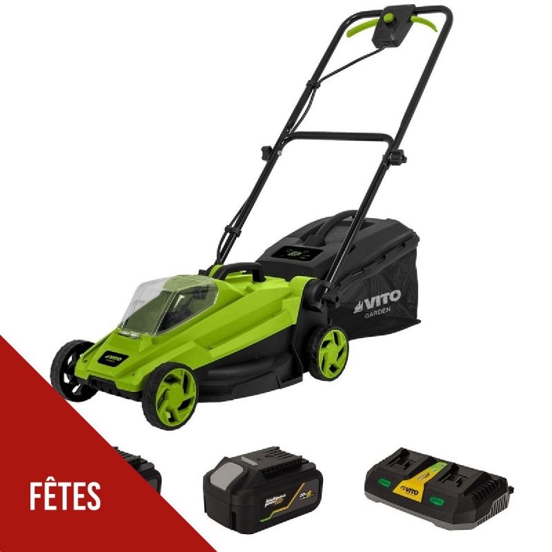 Tondeuse à gazon sans fil 20V + 2 Batteries lithium 4.0Ah + Chargeur double Largeur 32cm Bac 30L 3 hauteurs de coupe VITO