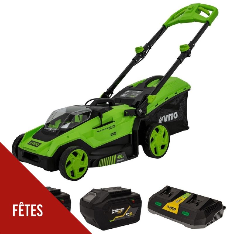 Tondeuse à gazon sans fil 40V -2 Batteries lithium 6.0Ah Chargeur Double Pelouses jusqu'à 600m2 Moteur Brushless VITO