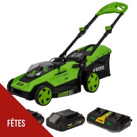 Tondeuse à gazon sans fil 40V 2 batteries 2.0Ah Chargeur double Moteur Brushless Largeur 40cm Bac 40L VITO