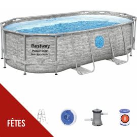 Piscine hors sol à Hublot 4.27x25 x10m Gris Effet Pierre- Piscine tubulaire ovale + Echelle, Pompe + Bâche 4 saisons Bestway