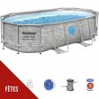 Piscine hors sol à Hublot 4.27x25 x10m Gris Effet Pierre- Piscine tubulaire ovale + Echelle, Pompe + Bâche 4 saisons Bestway