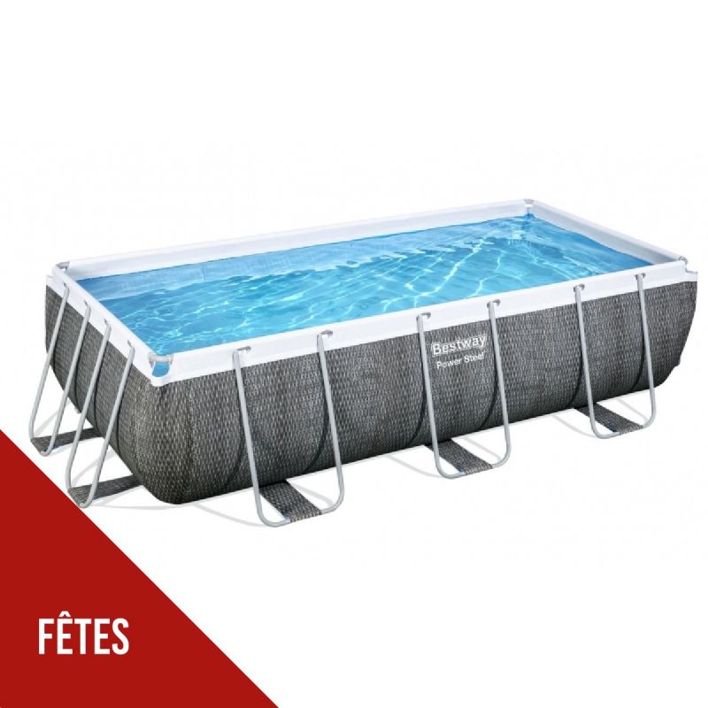 Piscine hors sol rectangulaire 404 x 201 x 100 cm Pompe de filtration ChemConnect Effet rotin gris BESTWAY