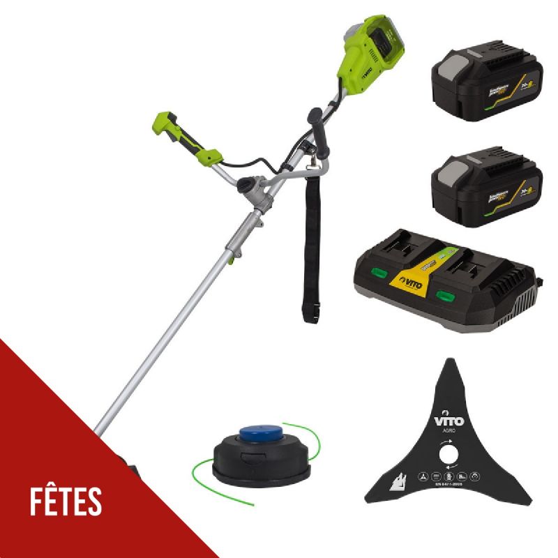 Débroussailleuse et Coupe bordure 40V + 2 Batteries Lithium 4.0Ah + Chargeur Double Lame 3 dents Fil nylon et Harnais VITO