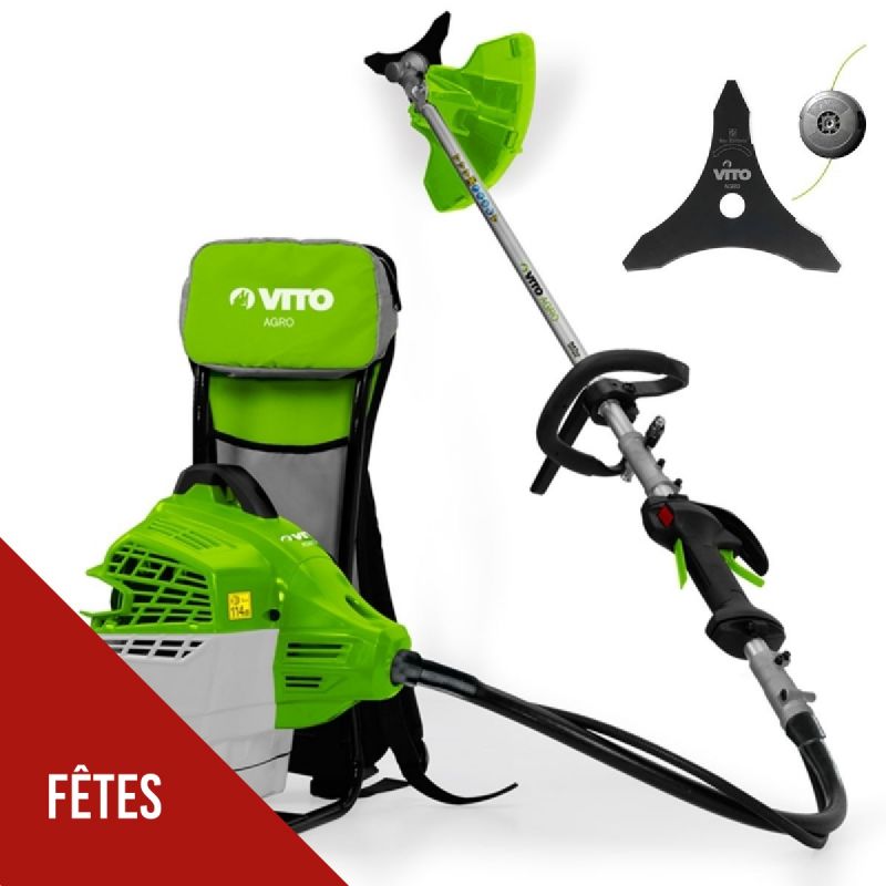 Débroussailleuse Thermique à dos 47cm³ Coupe Ø25cm + Lame et fil nylon Réservoir 1L Autonomie 1h30 Port sac à dos VITO