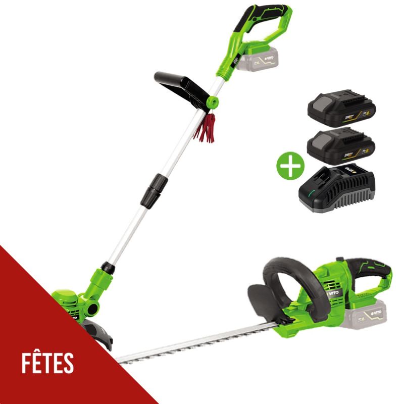 Pack 2 Outils 20V Coupe Bordure et Taille Haies + 2 Batteries lithium 2.0AH + Chargeur + Jeu de 20 lames VITO