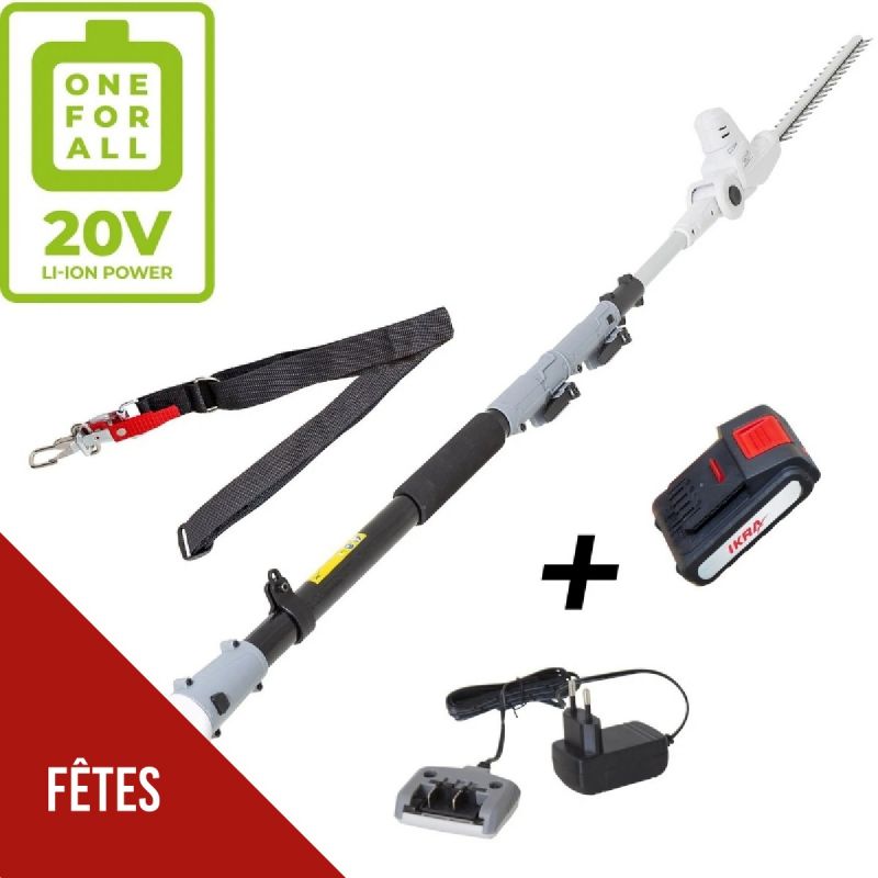 Taille haie sur perche téléscopique 20V - Coupe longueur 40 cm Batterie lithium 2.0Ah Chargeur 20V - IKRA
