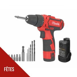 Perceuse Visseuse 12V Batterie Lithium-ion 1.5Ah LED + Coffret 6 embouts de vissage + 6 forets + adaptateur Malette ITOOLS