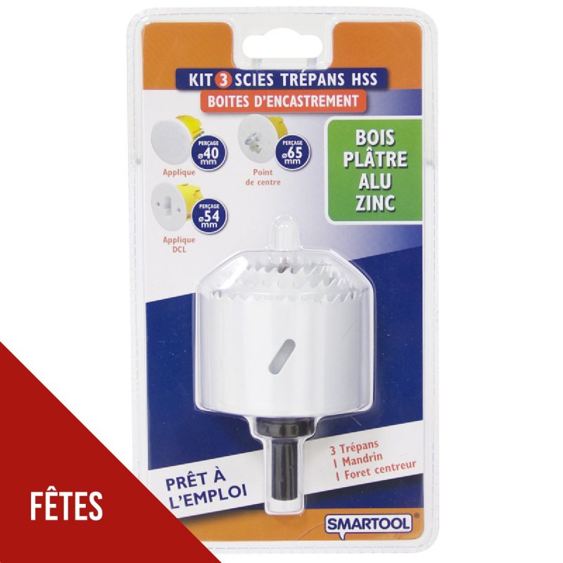 Kit 3 scies cloche HSS Ø40-54-65mm Boite encastrement Bois Platre Alu Zinc SMARTOOL