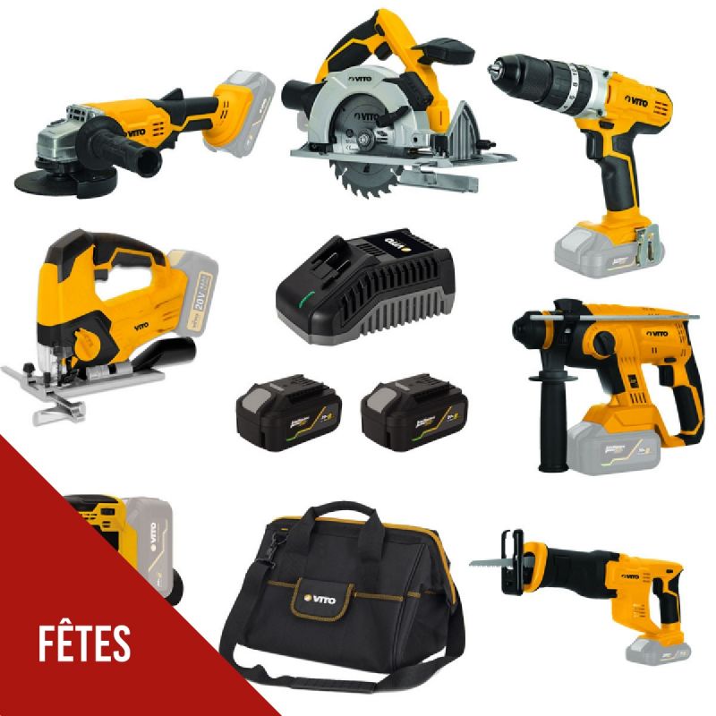 PACK 7 Outils sans fil 20V 2 Batteries lithium 4Ah VITO + Chargeur rapide 20V + Sacoche à outils