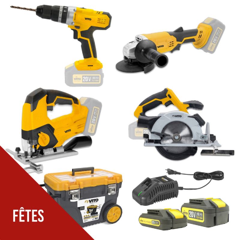 PACK 4 Outils sans fil 20V + 2 Batteries lithium 4.0 Ah et 2.0 Ah + Chargeur rapide + Servante mobile VITO