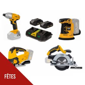 Pack 4 Outils 20V + 2 Batteries lithium 2.0 Ah + Chargeur double VITO