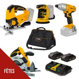 Pack 4 outils 20V + 2 batteries lithium 2.0Ah + Chargeur double + Sac VITO