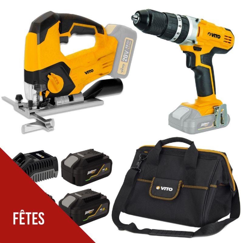 Pack 2 outils sans fil 20V Scie sauteuse Perceuse/visseuse 3 batteries lithium 4AhVITO Chargeur Rapide + Sacoche à outils
