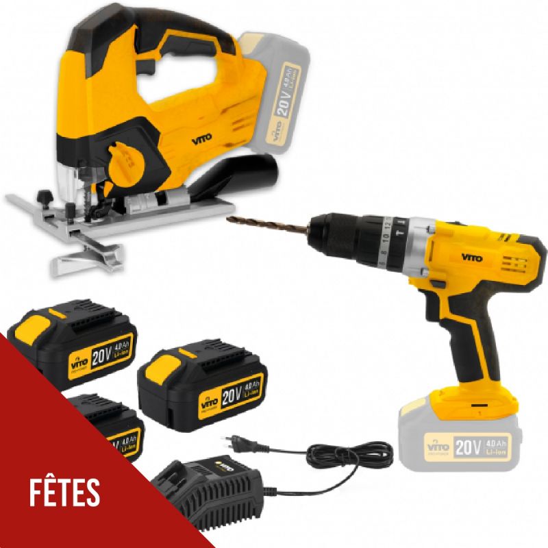 Pack 2 Outils sans fil 20V Scie sauteuse + Perceuse Visseuse + 3 Batteries 4.0 Ah + Chargeur rapide VITO