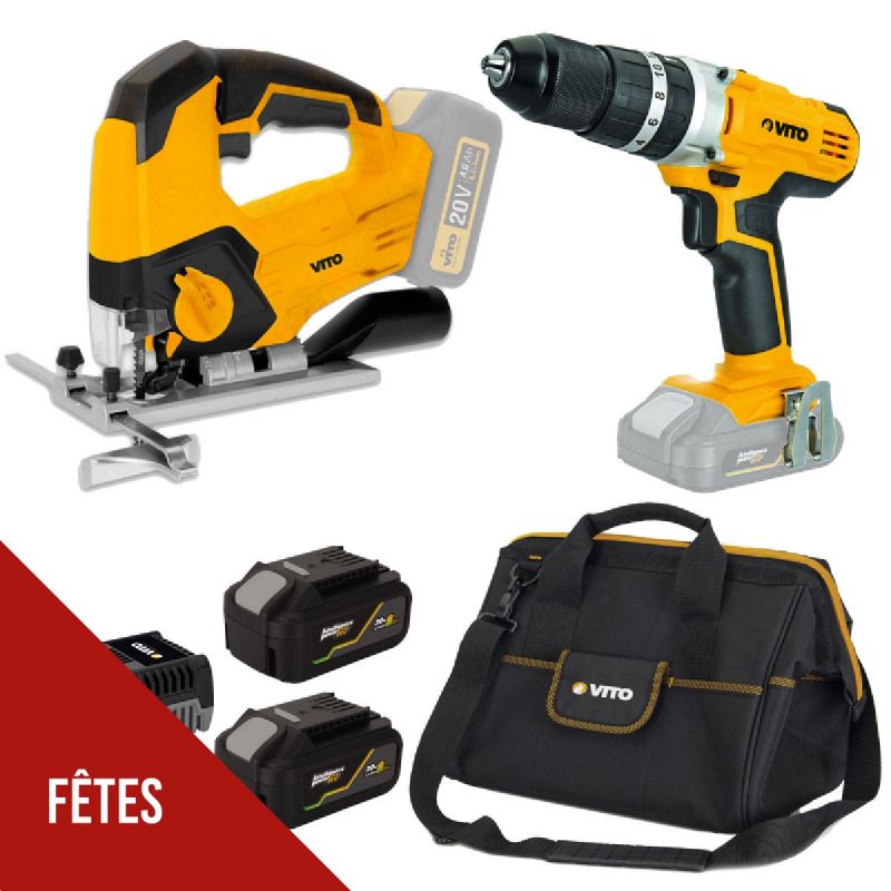 Pack 2 outils sans fil 20V 2 batteries lithium 4Ah VITO Chargeur Rapide Sacoche à outils