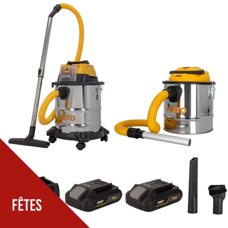 Pack 2 Aspirateurs à batterie 20V Eau Poussières Cendres + 2 Batterie lithium 2.0Ah + Chargeur Cuves INOX 20L et 12L VITO