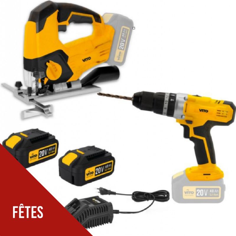 Pack Scie sauteuse + Perceuse sans fil 20V + 2 Batteries lithium 4.0 Ah + 1 Chargeur rapide VITO