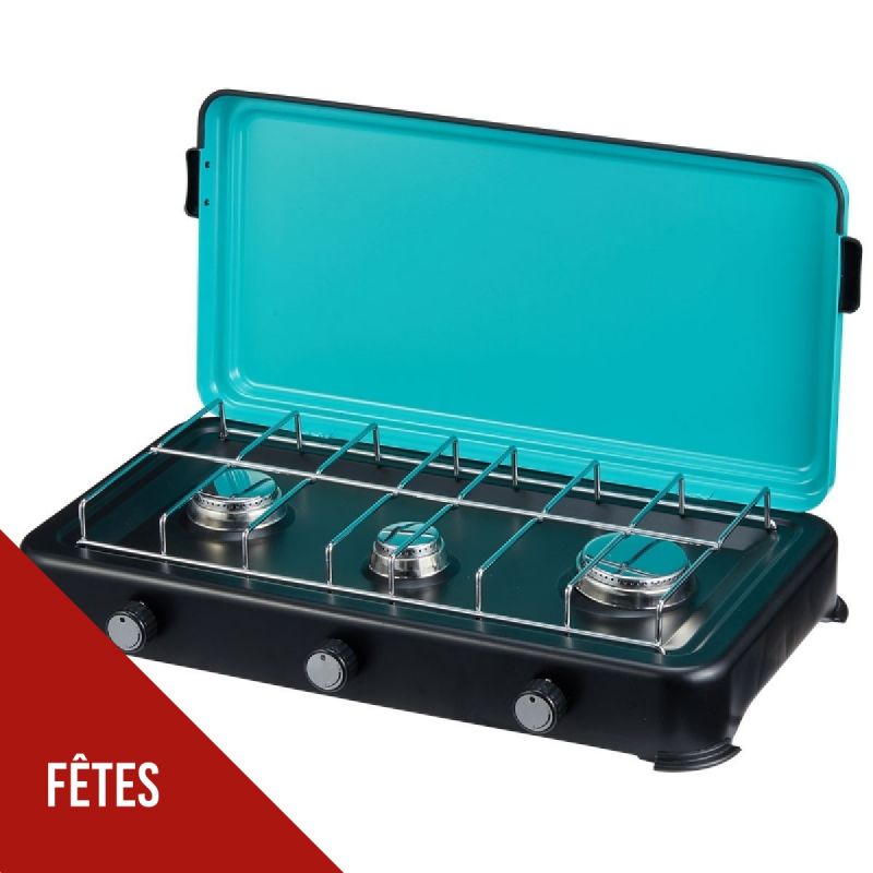 Reconditionné Plaque de cuisson gaz portable 3 feux 3000W Rechaud à gaz butane/Propane Bruleurs inox Couvercle amovible INTEC