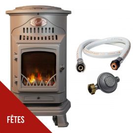 Poêle à gaz - 3,4 kW - Marron miel - Fonte véritable - Effet poêle à bois + Tuyau gaz + Détendeur butane - PROVENCE UNIVERSAL