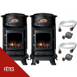 Pack 2 Poêles à gaz 3.4KW Noir Fonte + 2 Kits Tuyau gaz + détendeur butane Effet feu Provence Universal