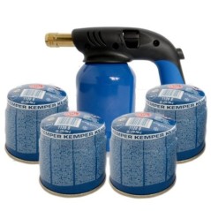 Gaslötlampe Stahlgehäuse Piezozündung + 4 Kartuschen 190g Sicherheitsstopp Gas KEMPER