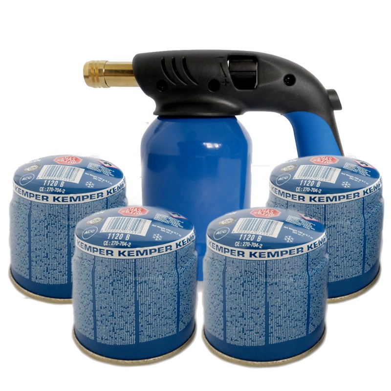Lampe à souder à gaz Coque Acier Allumage Piézo + 4 cartouches 190g