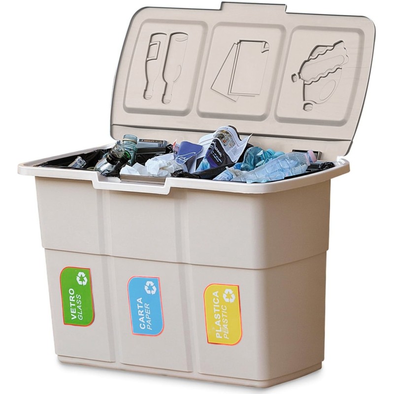Papelera de reciclaje 3 compartimentos 25L Dim 75x37xH50 cm Tapa única