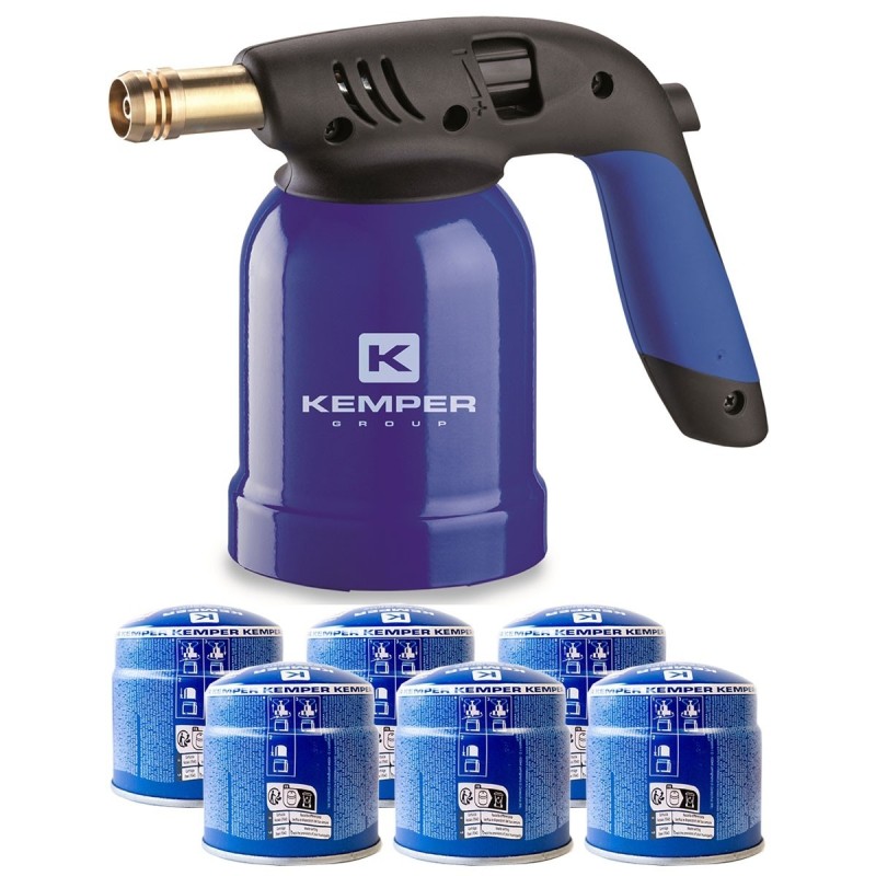 Lampe à souder gaz acier 1200°C piezo + 6 cartouches 190g KEMPER