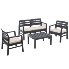 Salon de jardin 4 pièces anthracite résine résistante UV coussins éc