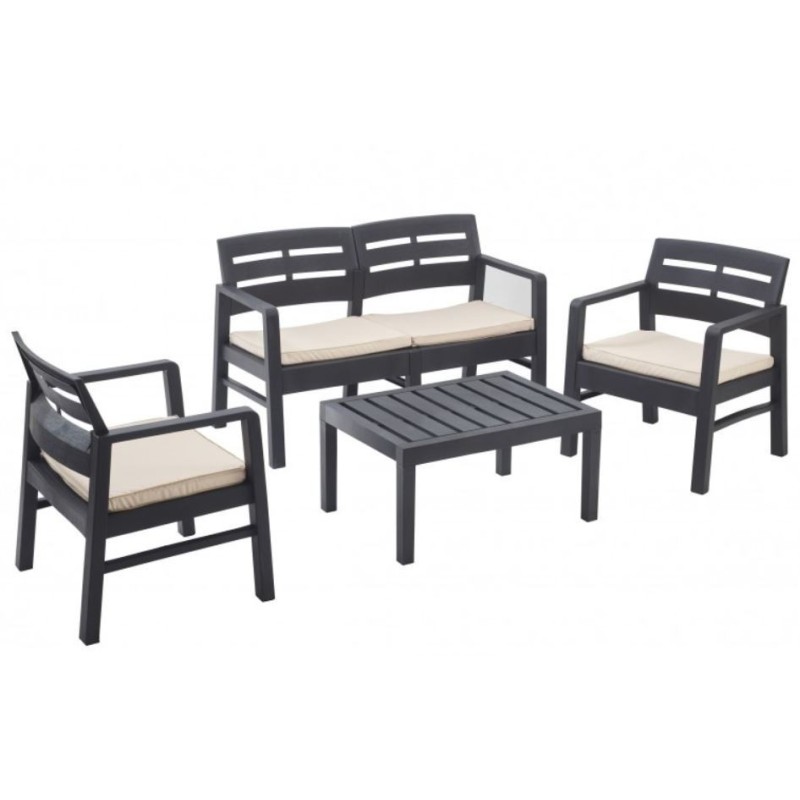 Salon de jardin 4 pièces anthracite résine résistante UV coussins éc